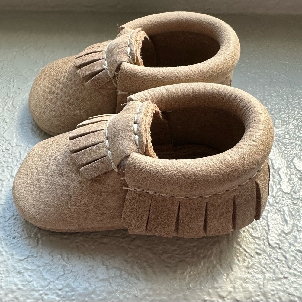 Freshly picked baby size 0 tan moccasin